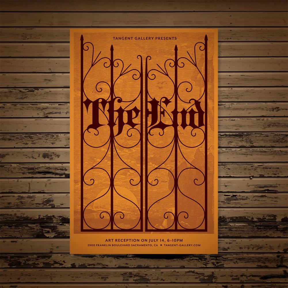 Poster for a final art exhibition at Tangent Gallery in Sacramento, California. Click below for more images.