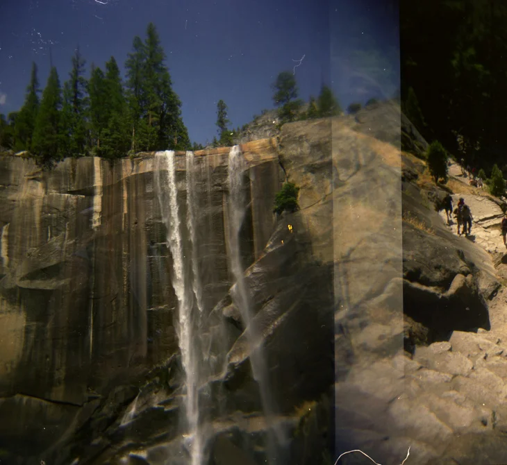 Vernal Falls, overlapping an image of the stairs leading up to it