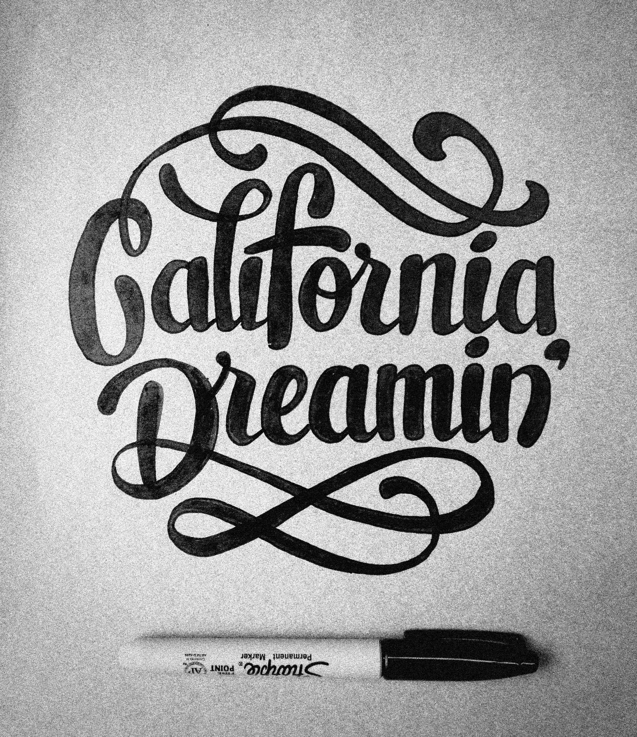 This is the revised sketch with a revamped style. Definitely feeling more fun and "California" to me. Time to take it into Illustrator for vectorizing and cleaning up the curves.