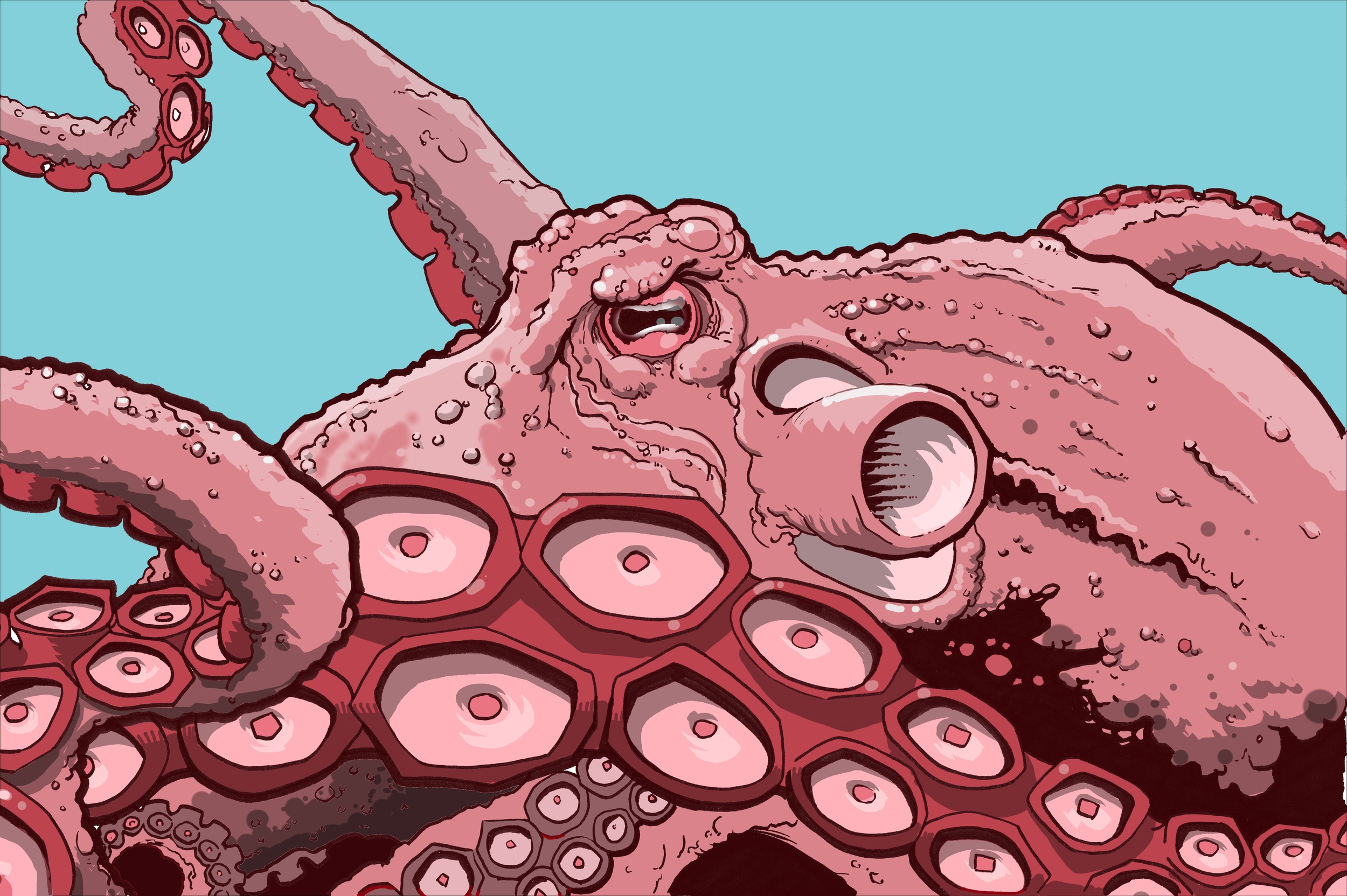 Pink Octopus on Blue Background
