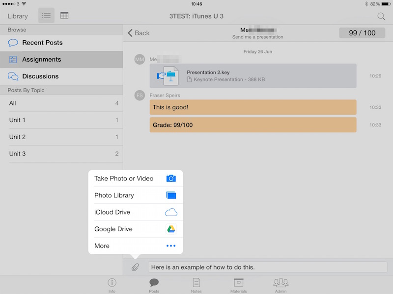 Teachers and students can attach documents to the private communication channel