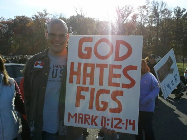 via boingboing.net
No, really: "Mark 11:12-14 The next day as they were leaving Bethany, Jesus was hungry. Seeing in the distance a fig tree in leaf, he went to find out if it had any fruit. When he reached it, he found nothing but leaves, because it was not the season for figs. 14Then he said to the tree, 'May no one ever eat fruit from you again.' And his disciples heard him say it."