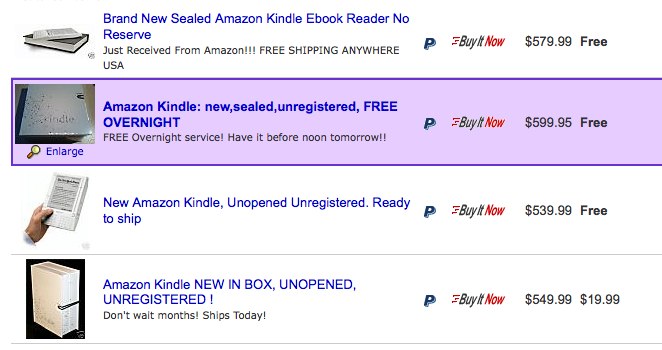 I have a more than passing interest in an Amazon Kindle. The idea of being able to carry around all the books I could ever want to read in a small portable package is fantastic. Unfortunately the downsides are that it uses horrible DRM and is relatively expensive at $399. Even at that high price it seems that Amazon can't make enough to supply the demand and as usual ebay steps up with Kindle's going for as much as $599.
I am going to wait for kindle V2.0 or a price cut before leaping in. One thing that would make the deal sweeter for me would be with every purchase of a real book you get a copy of the ebook to read on your kindle. That way you can still have a product you can sell, keep on a shelf and thumb through whilst still having the convenience of the ebook.