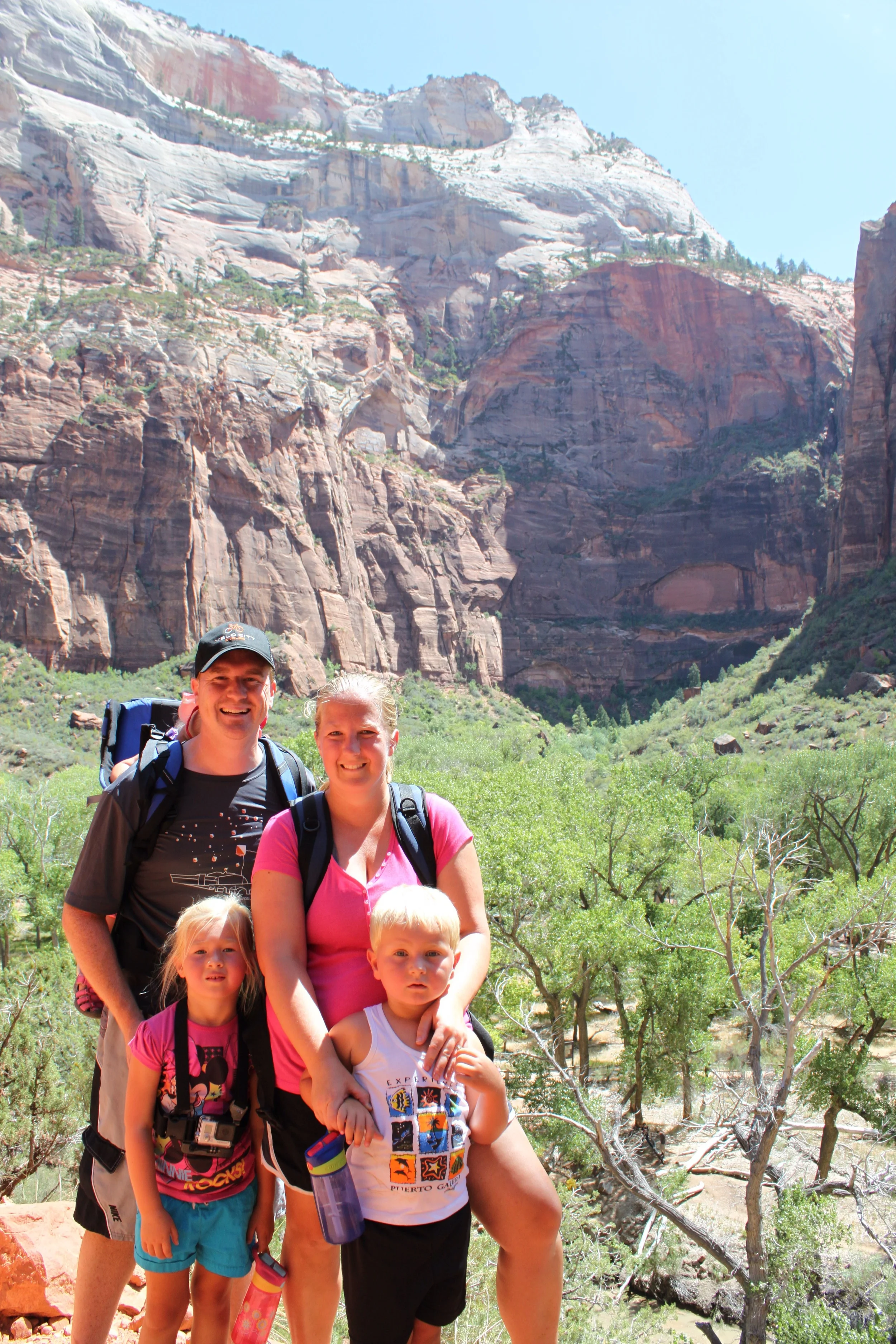 A nice grandmother on the trail offered to take our family picture. As you can see the kids are beat and behind my neck Madeleine is sleeping. Would you believe these kids stayed up yacking for an hour after bed? 