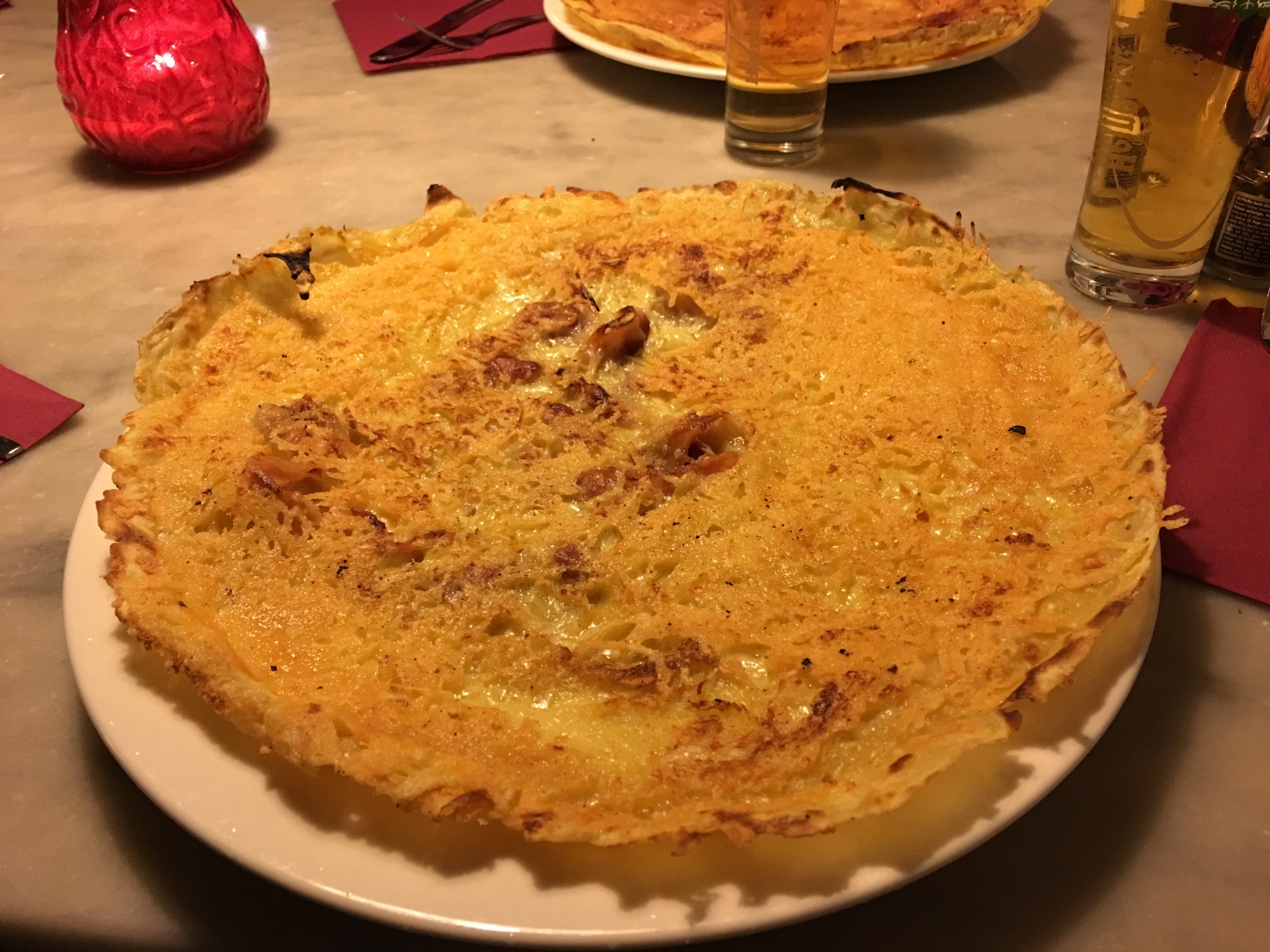 Sarah took me for pancakes. This one happens to be a pancake covered in bacon and cheese. 