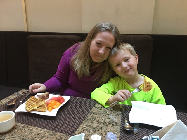 Ben loves waffles so much he eats them right off the fork. No time is spent cutting them, that would be uncivilized. 