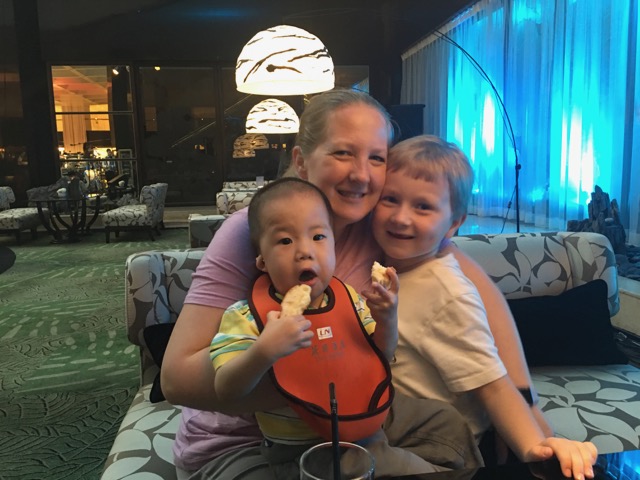 Momma and her boys. Joshua and his food.