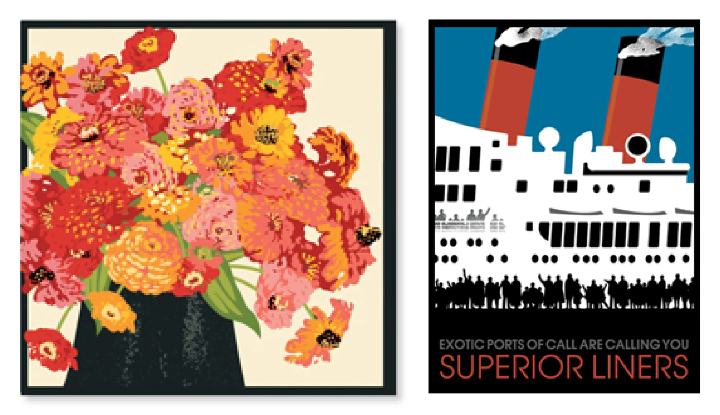 On the left is a beautiful floral design from Linnea and on the right is one of Johanna's trademark travel posters.