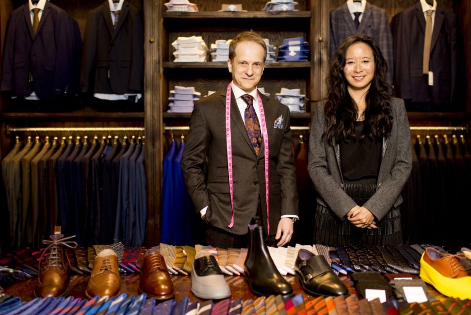 Gotstyle's head of Made to Measure Konstantine Malishevski and Owner Melissa Austria 'show the goods' for a Toronto Star photo Shoot