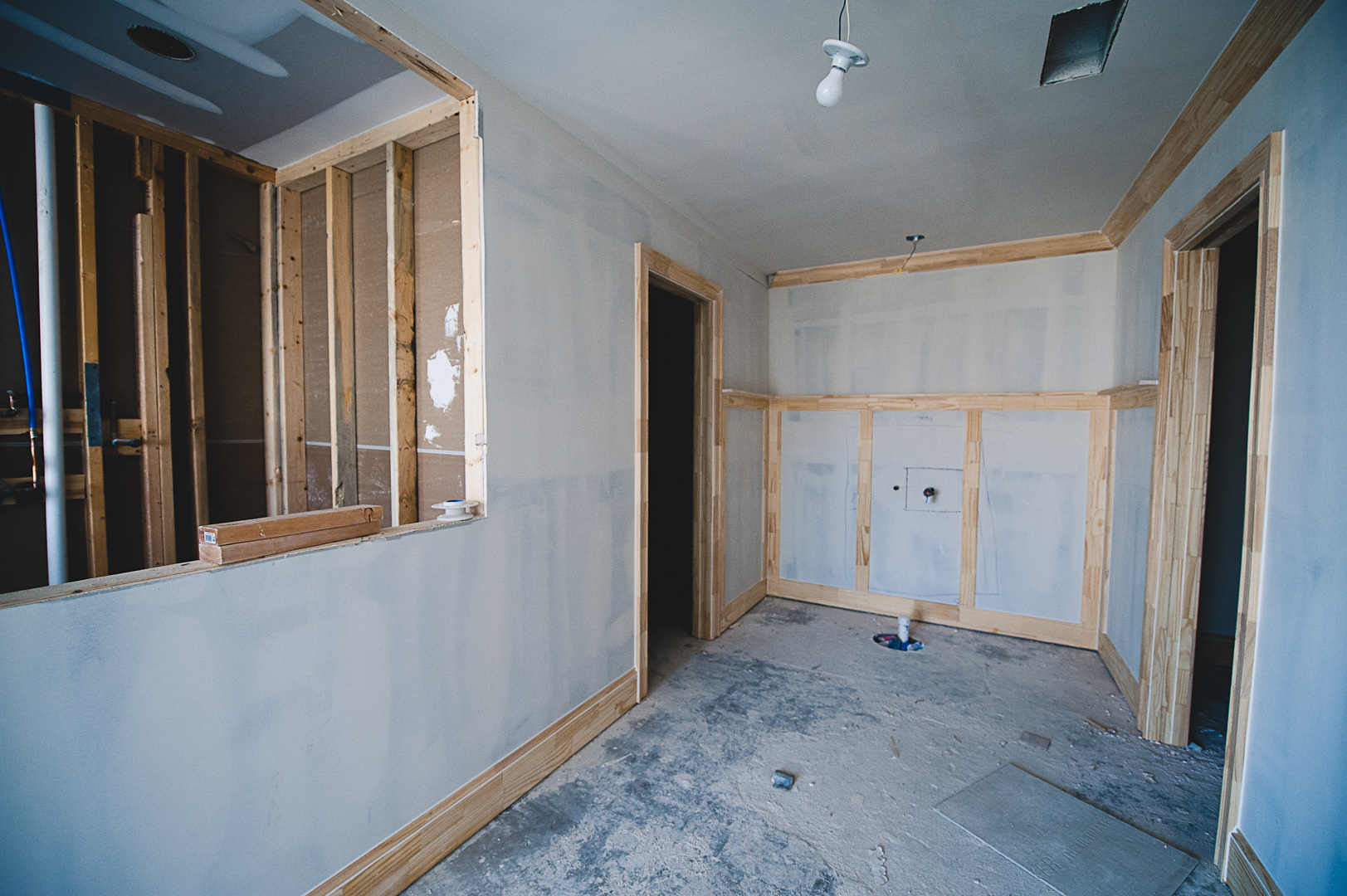 Looking the same direction, now the wall to the left has been bumped out to expand the closet and frame in the new location for the shower.&nbsp; Where the old shower was, is an expanded potty room.&nbsp; ​