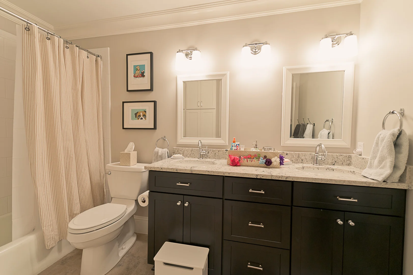 After:&nbsp; Ella has already declared the right sink to be hers and the boys must share the left.&nbsp; My guess is she'll be getting ready downstairs a lot as a teenager.&nbsp; ​