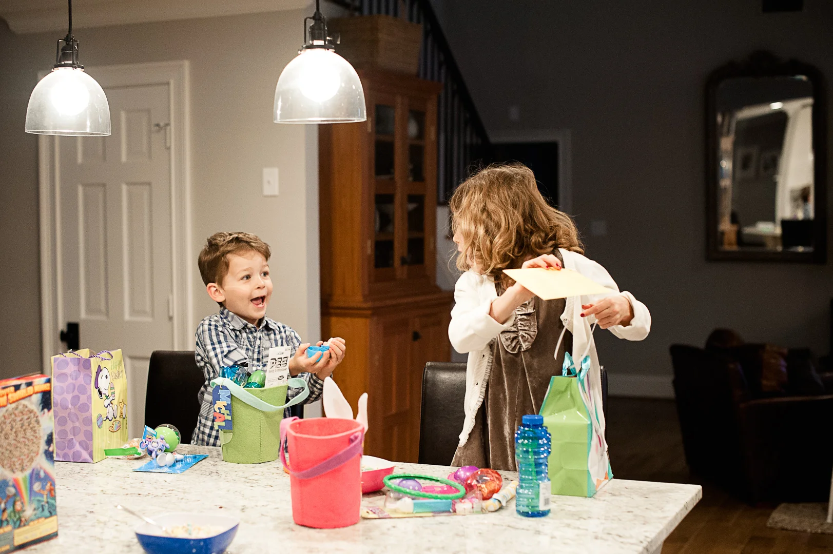 Easter morning - the Bunny came!&nbsp; (Nevermind, everything the Bunny gave them was taken away 10 minutes after this photo was taken.&nbsp; They earned everything back later in the day.)​