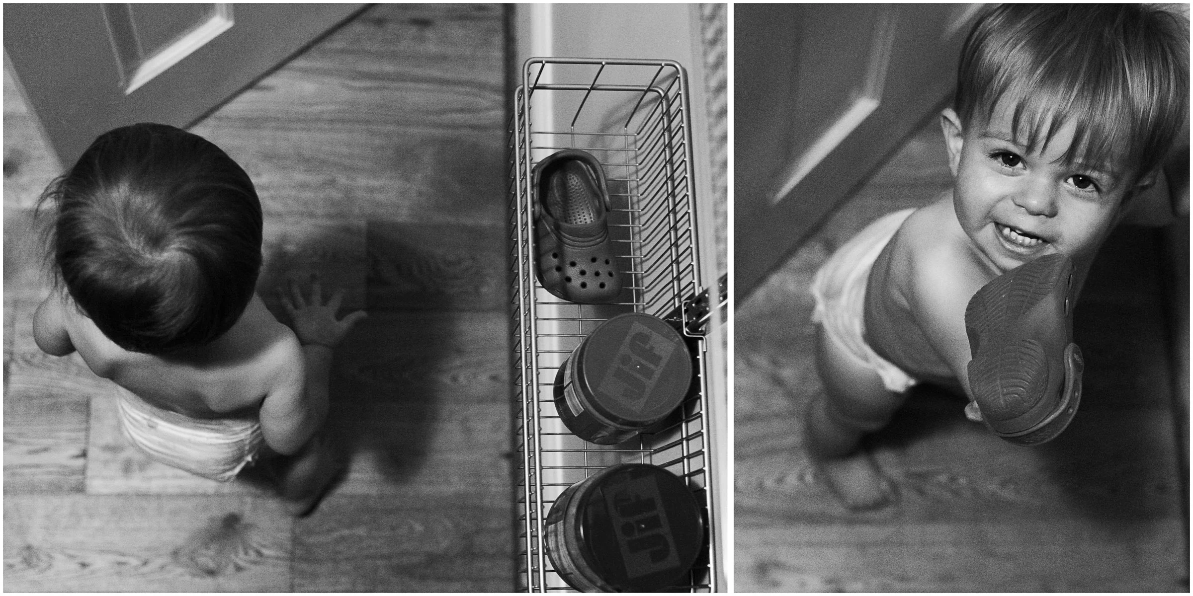 The peanut butter morning snack lead to a naked baby. And me putting away the peanut butter lead to the shoe we couldn't find last night. I invited Henry to come in and see if he could find it, too. 