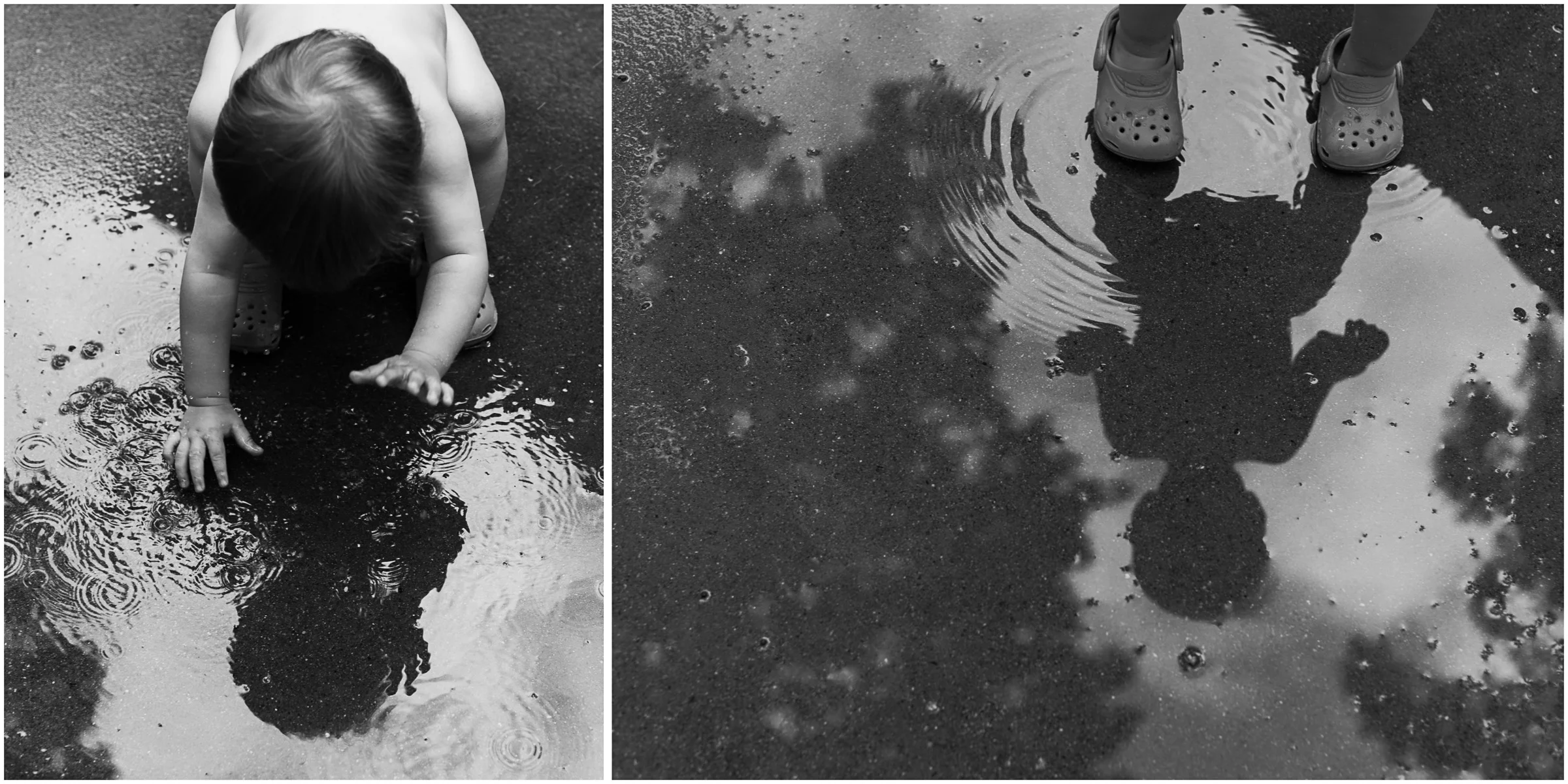 With his new-found shoes, he wanted to go outside. The morning thunderstorms left some fun puddles to play in for a while.