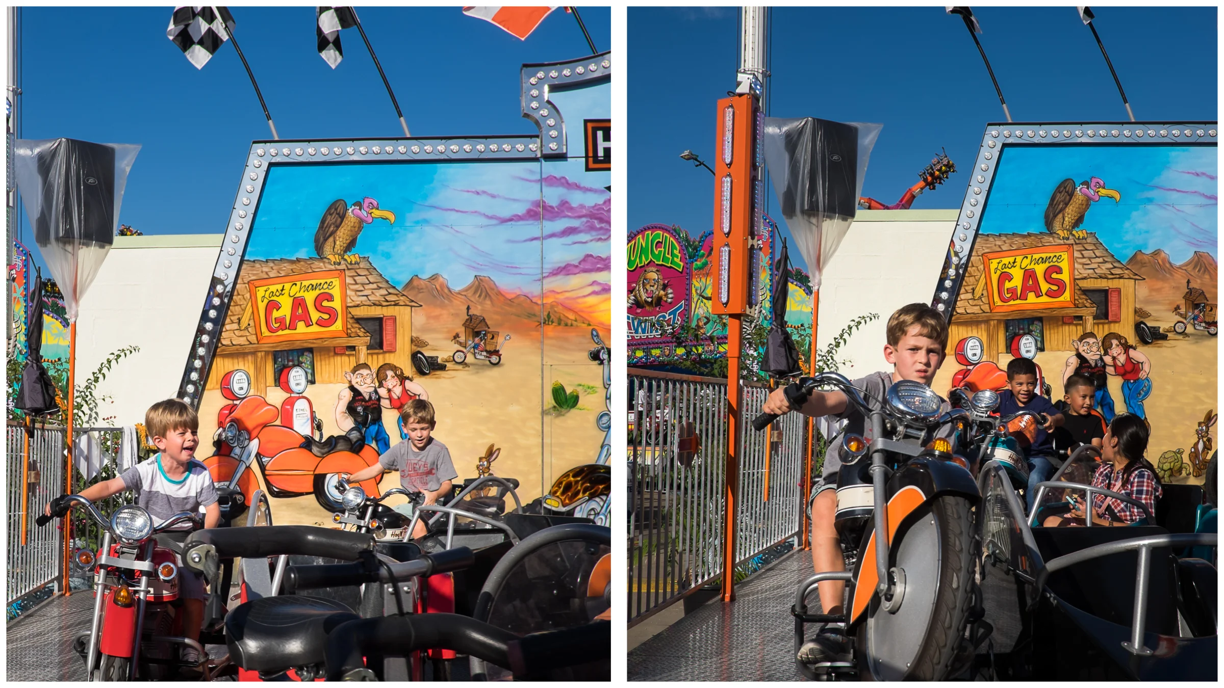 I know you're not supposed to laugh when your children are in dire peril, but...this was funny. Poor kiddo. These motorcycles went around in a smooth circle and once or twice would bounce up and down. Henry is clearly not ready! I think Michael has a future as a biker.