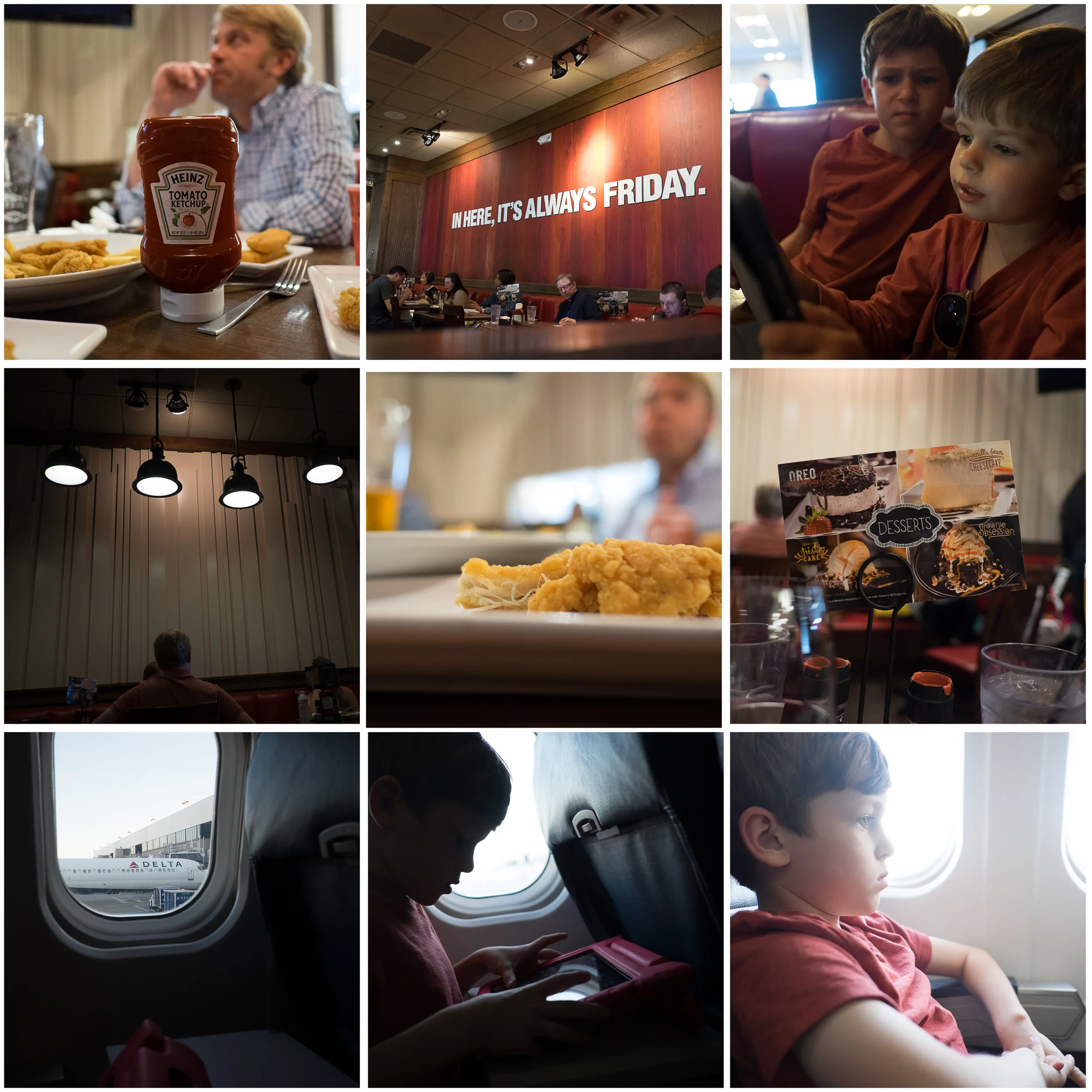 While sitting at Friday's, Ella took an interest in my camera and we held an impromptu lesson about the exposure triangle and manual operation. All of these photos are SOOC (straight out of camera) and I'm especially proud of how she did on the series of three at the bottom. At her request, I asked her to expose for the plane outside, the seat inside and then her brother's cheek. She only took these three shots -- no practice shots were deleted. In an hour, she seemed to grasp what took me more than a year to figure out on my own. Stinker. 