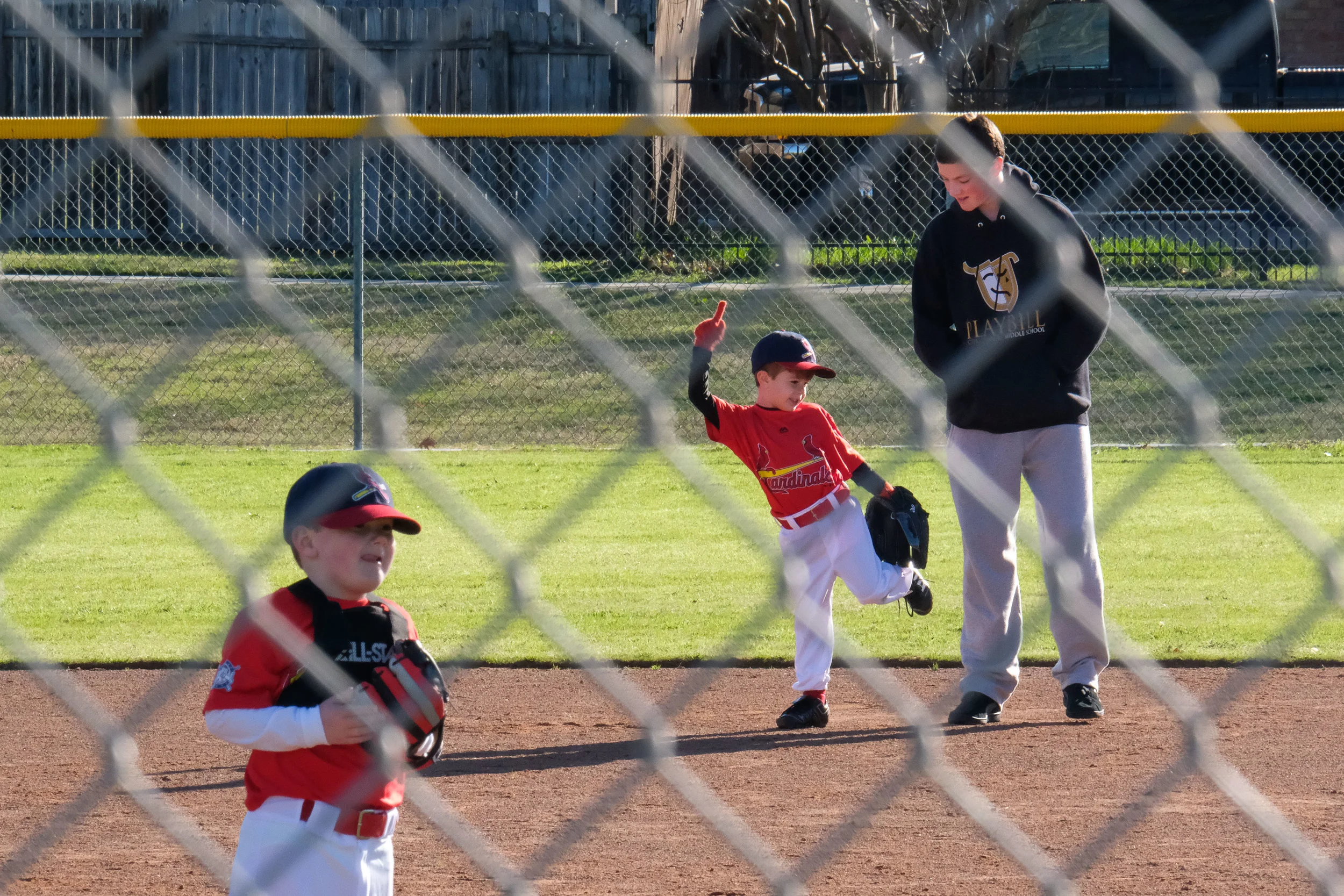 Henry's favorite things about t-ball, so far, are dancing in the outfield and hanging with his buddy Drew. 