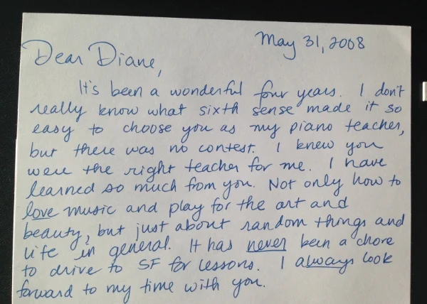 This is from my student, Sruti, whose parents drove her 90 minutes each way to her lessons every Friday afternoon at 5 pm through the four years of high school. She now has her degree in Engineering from UC Berkeley and still takes lessons as time allows. Music is an important part of her life and always will be.