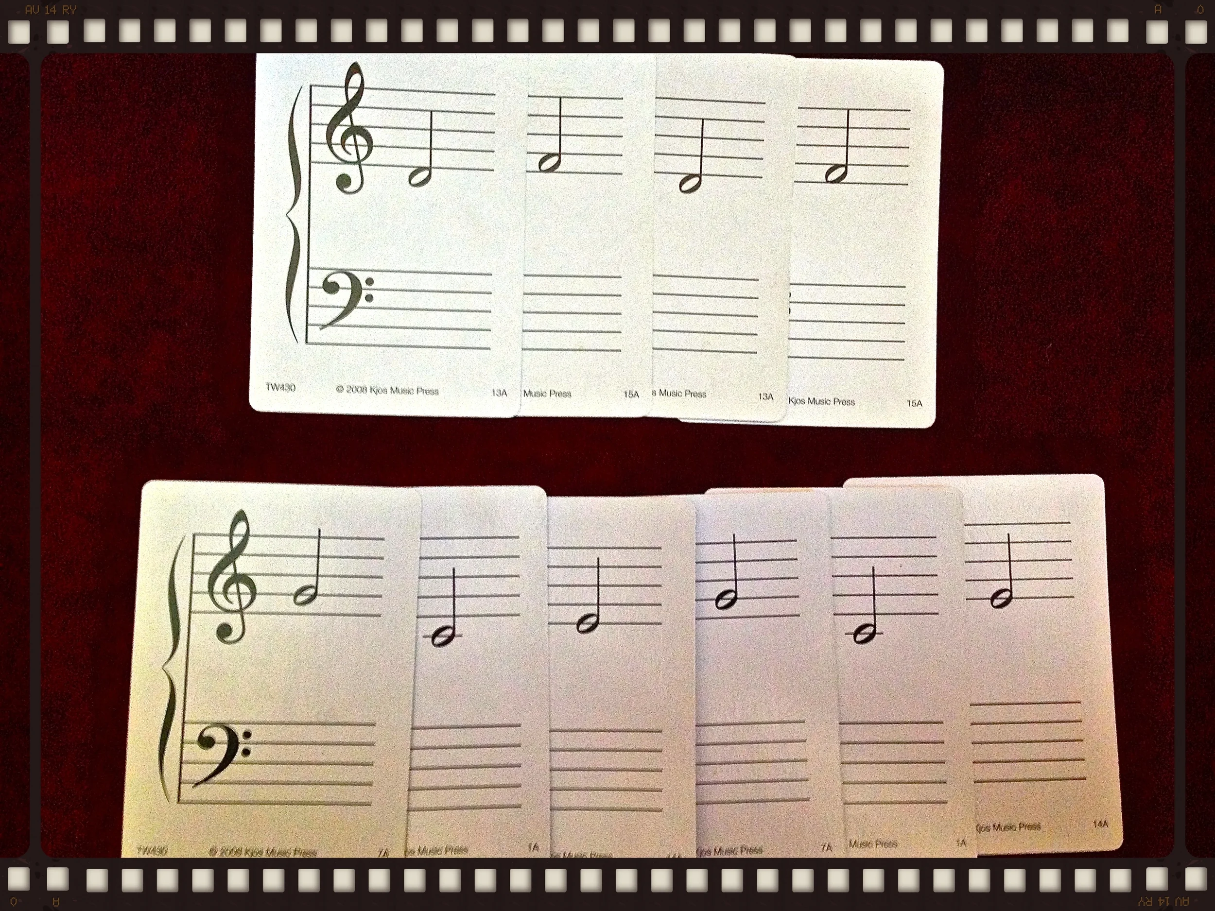 Note that I have placed the flashcards so that they overlap - hiding the multiple treble and bass clefs. This is a great way to make comparisons easier. If you're feeling really ambitious you could even extend the staff lines. I've never gotten that far.
