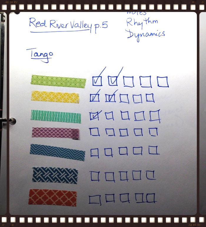 Audrey's list for working on each section. Each time she played it correctly from memory, she could check a box. This picture was taken at her lesson after we'd tried out the process successfully with several sections.