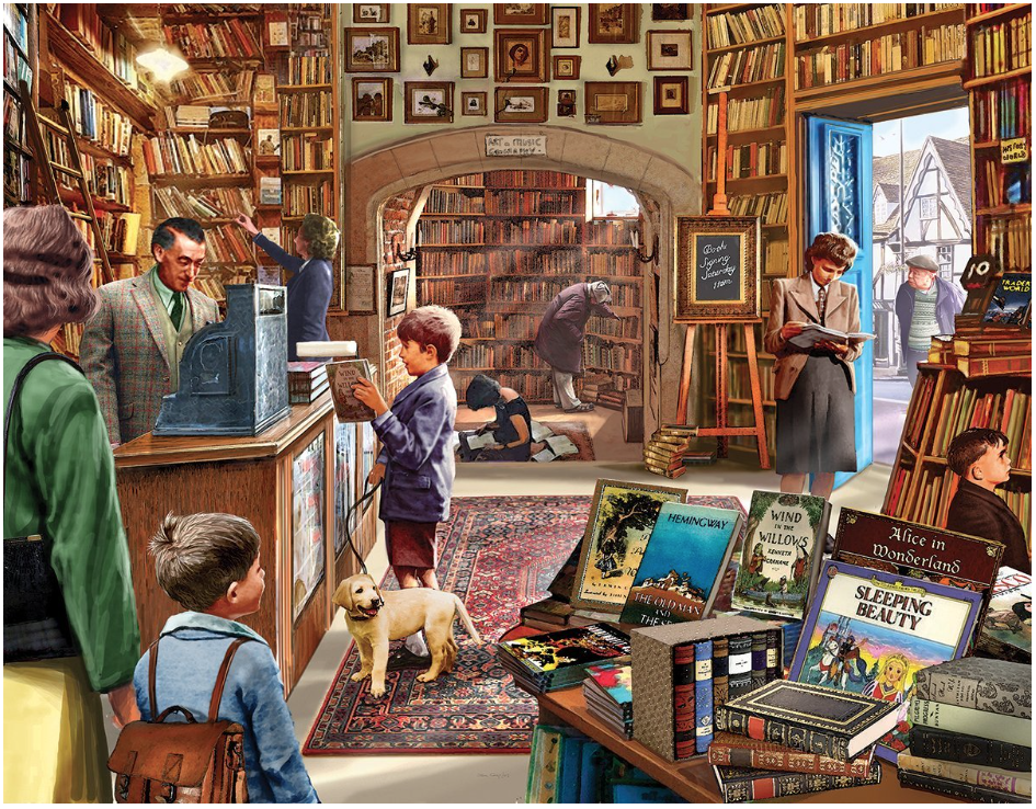 I enjoy spending an afternoon making a jigsaw puzzle and watching the weather change over the Pacific Ocean. This one, The Old Book Store , is my favorite kind of puzzle. Lots of details and made by White Mountain - a reliably excellent company. 