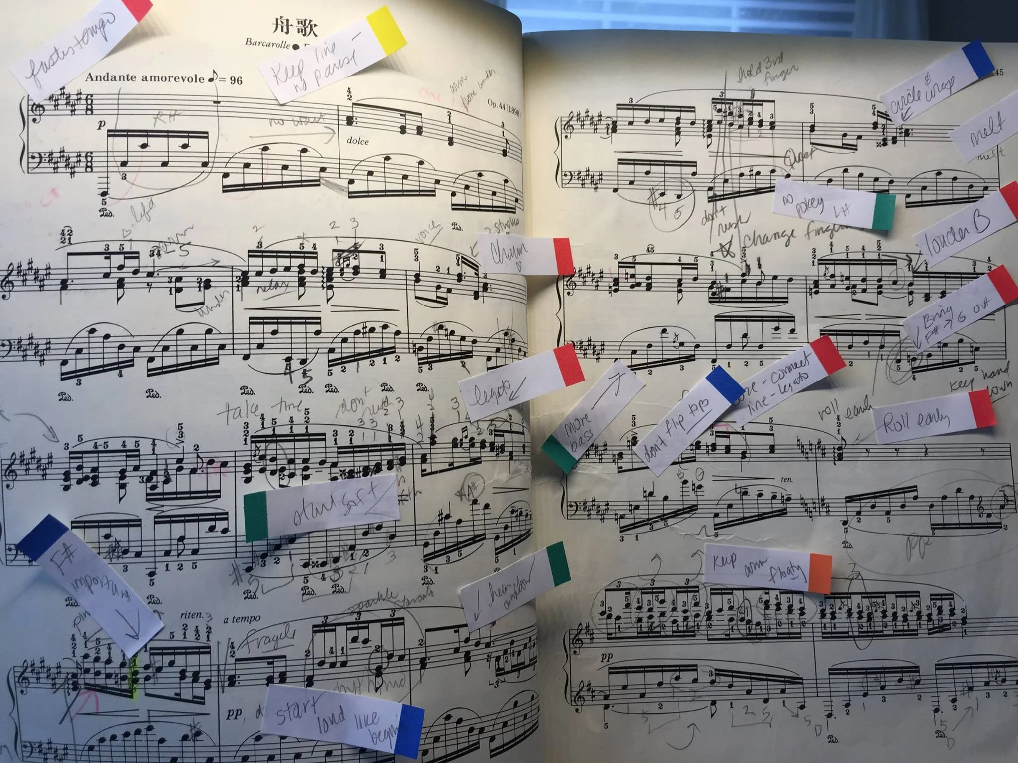 Post-it notes almost cover up the actual notes in Janet's copy of the Liadov Barcarole.