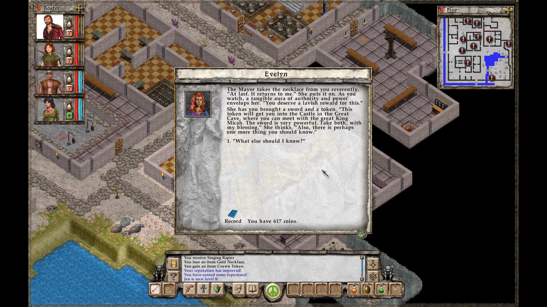 Returning a quest item to the mayor of a town for experience and a nice rest.