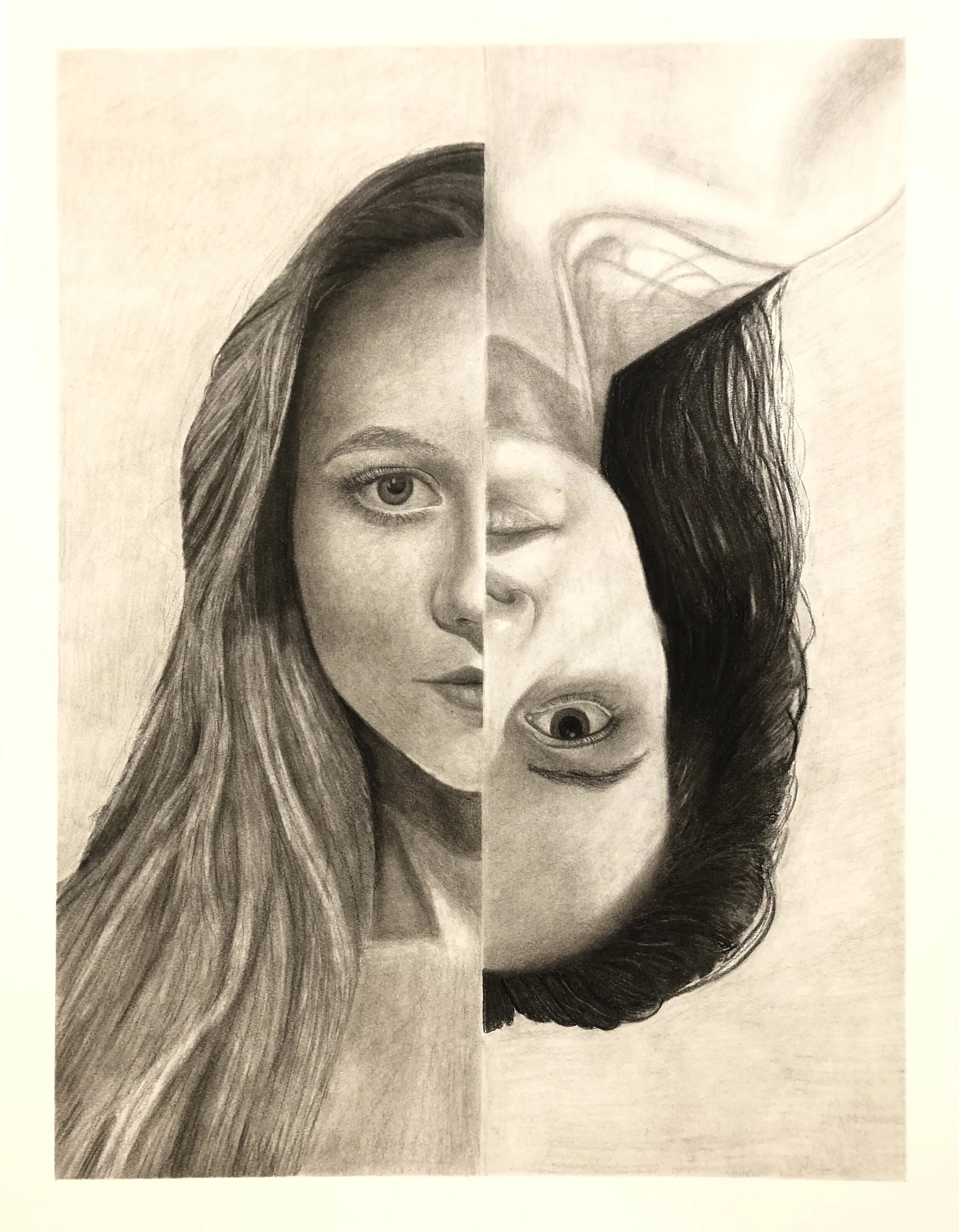  charcoal pencil on paper  2019  course: Drawing I  project: self portrait 