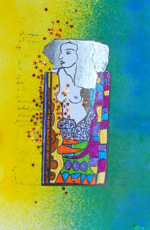 dylusions spray background, Salome stamp over script stamp, felt tip pen coloured, silver pen hair, liberal sprinkle of festive stars , Happy Klimtesque Christmas....