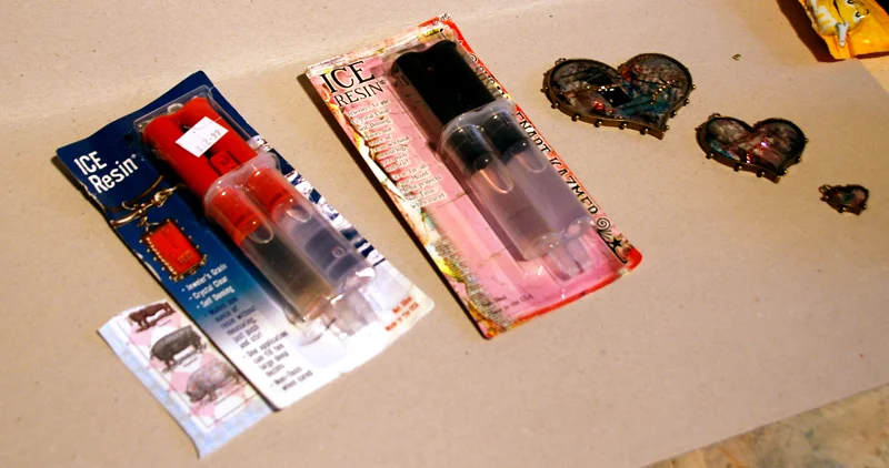 class supplies (spellbinders die cuts not shown but used during the class) far left - I bought ice resin before going to CHA and am so glad that I now feel confident to use it!
