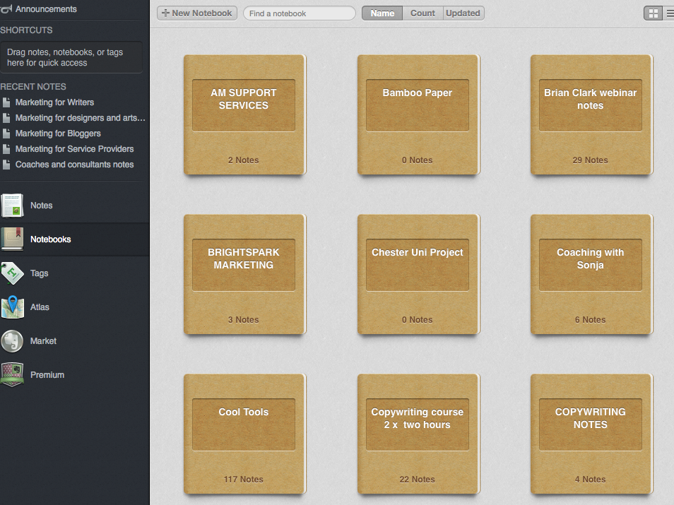 This is inside my Evernote with all my notebooks into which I pop relevant things I see and need to store.