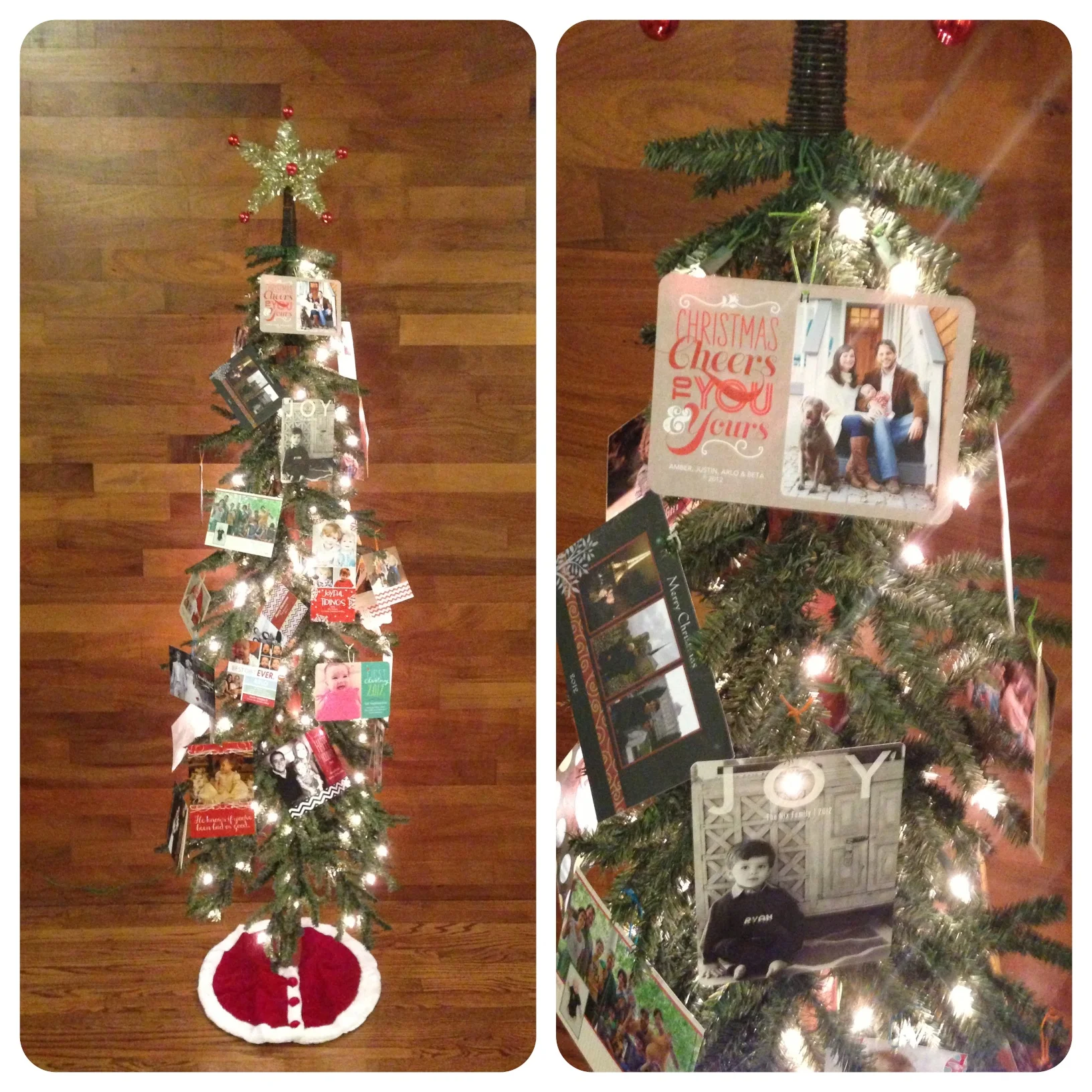 Secondary tree showcases all our family and friend's Christmas cards. OK, Amber put ours on top...