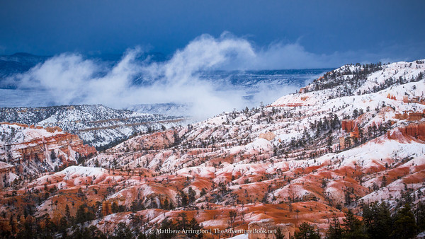 A light afternoon snowstorm blankets the canyon. Olympus OM-D E-M5, 45mm F1.8