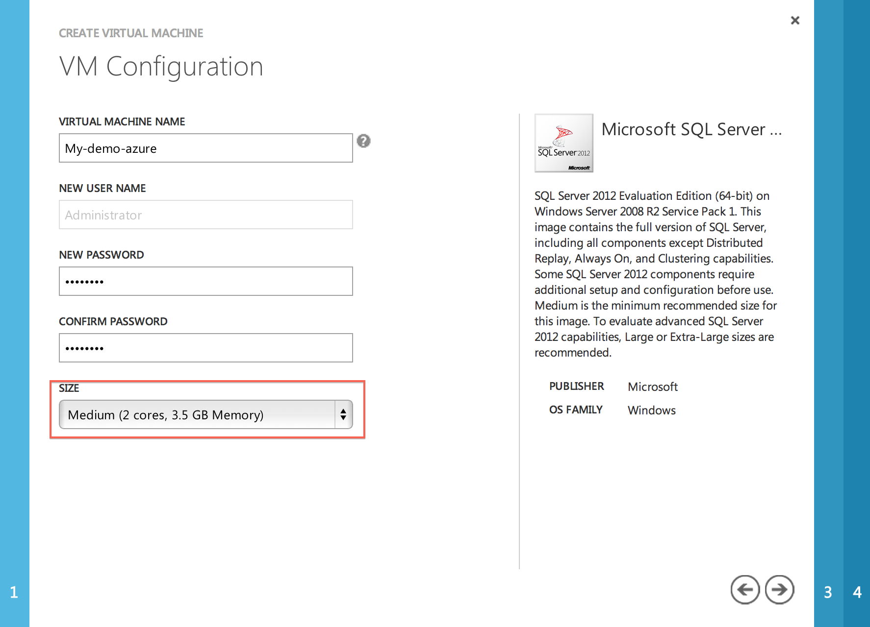 Step 4: Give the VM a name and pick a min size of Medium