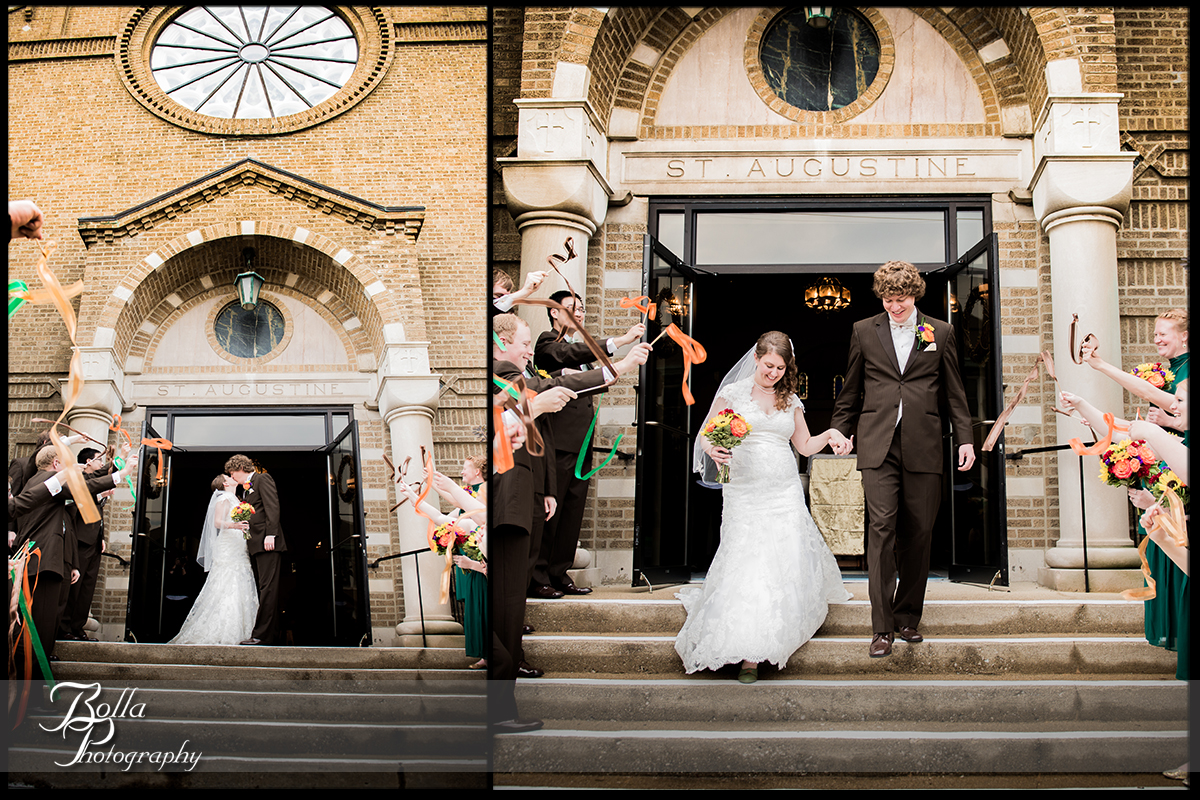 008_Bolla_Photography-wedding-church-ceremony-bride-groom-kiss-exit-steps-streamers-green-orange-brown-Breese-Kuhl.jpg