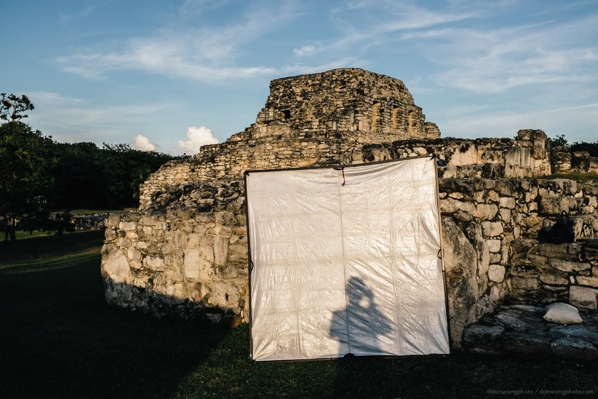 Silhouette in a silver/white scrim jim. Somewhere in a Mexican ruin.