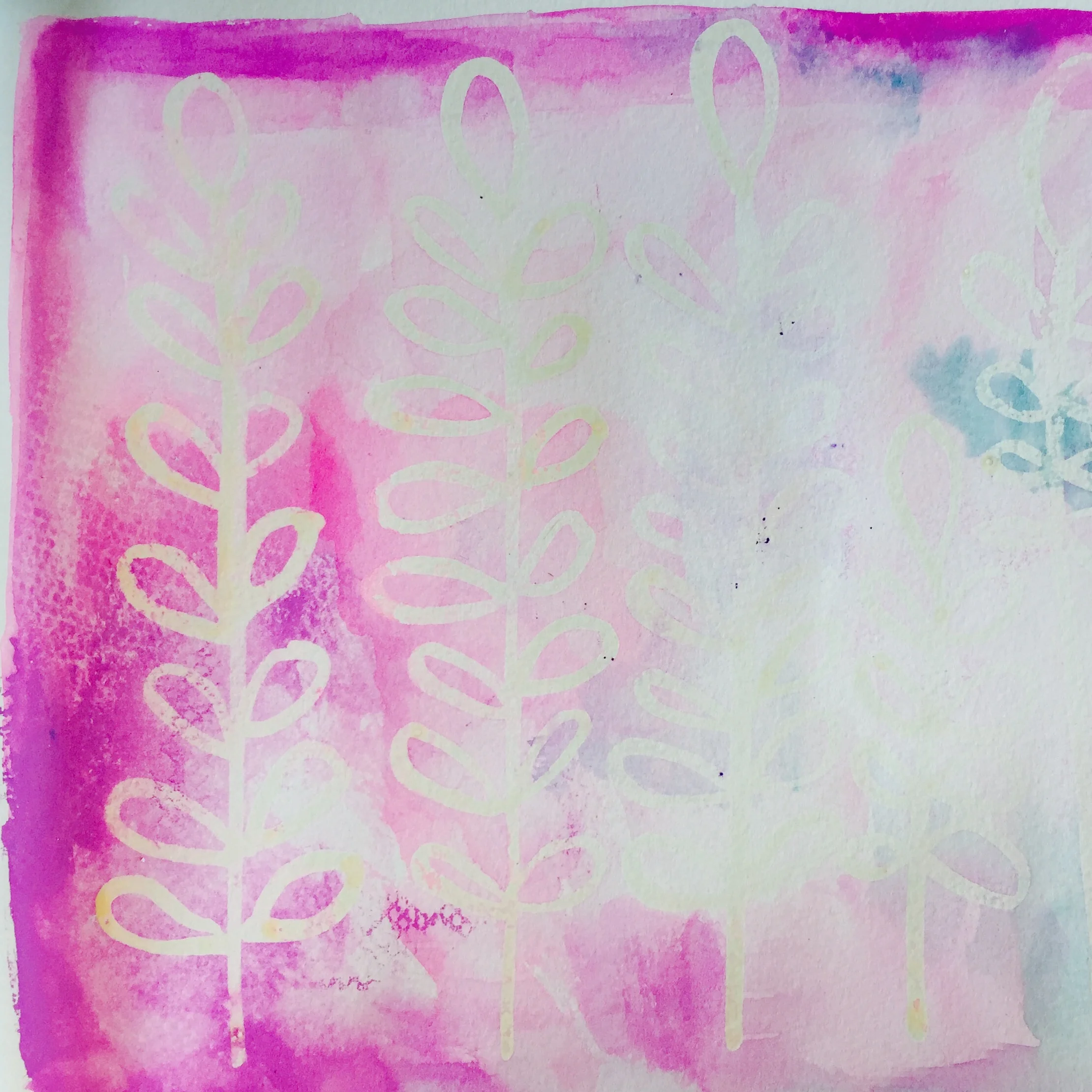 painted leaves with Permanent liquid mask, painted with gouache, blotted with paper towels.