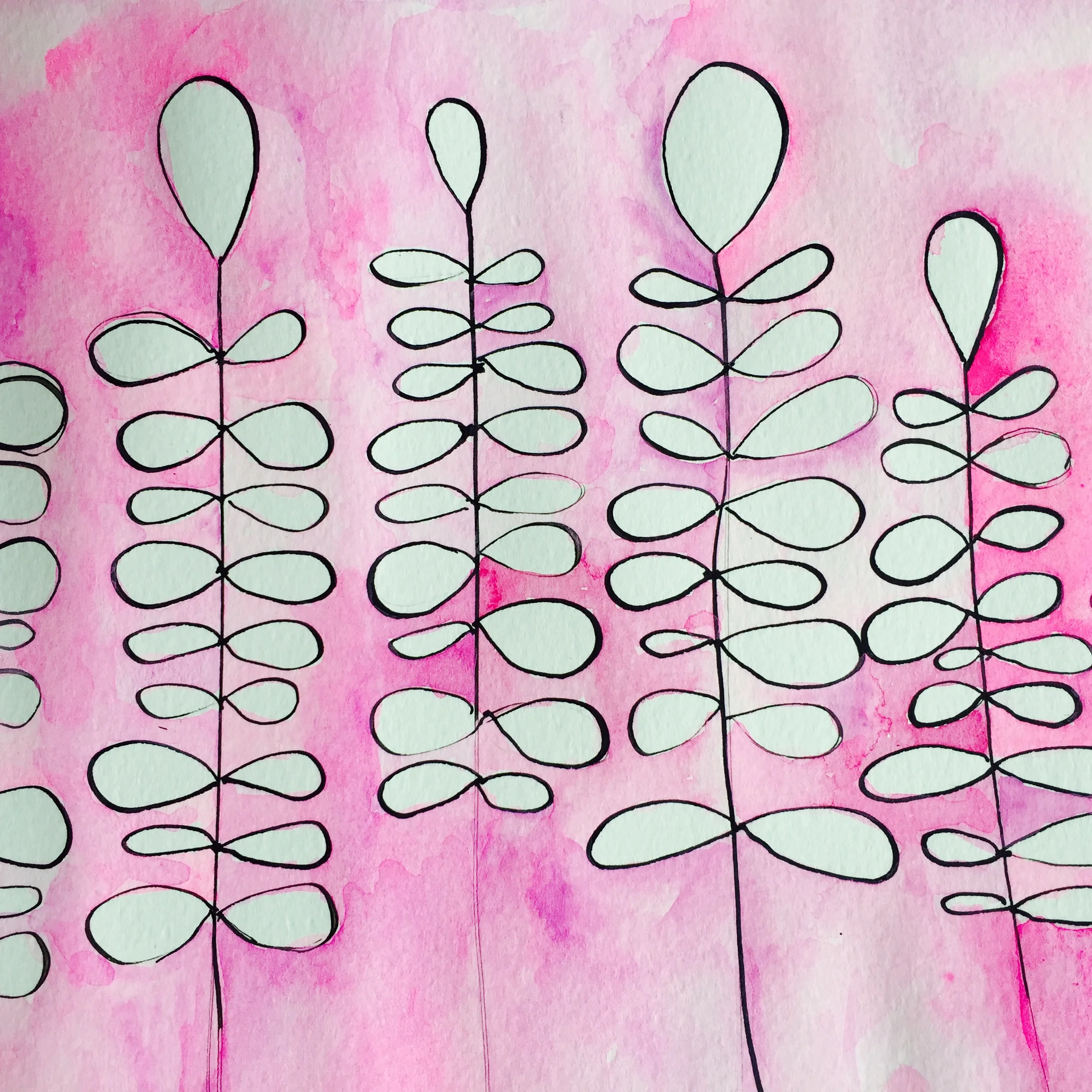 Leaves drawn with J. Herbin Perle Noir and painted with gouache.