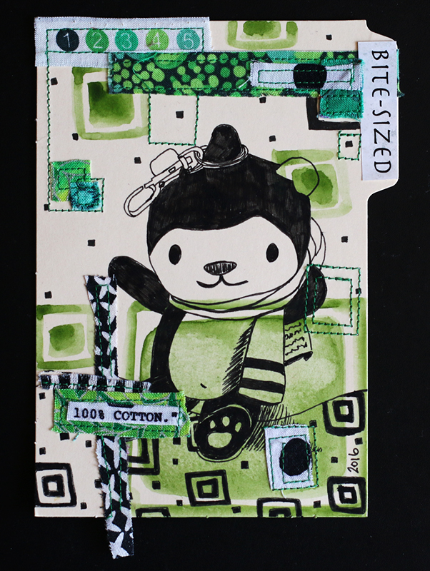 4x6 card, ink, watercolor, fabric, magazine clipping, thread. artwork by amy cowen.