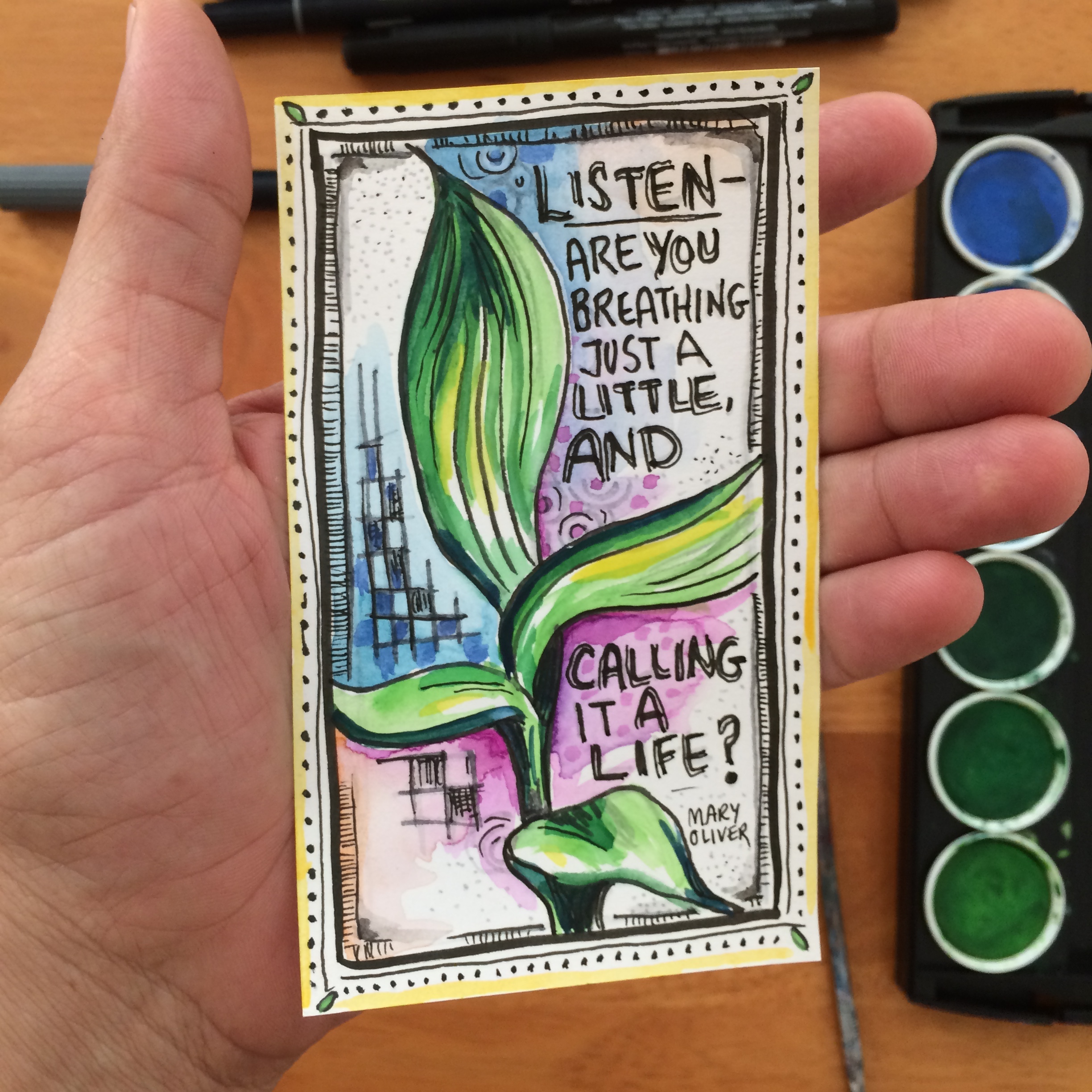 3X5"INDEX CARD, w atercolors, PITT pens, Tombow pens, artwork by connie solera.