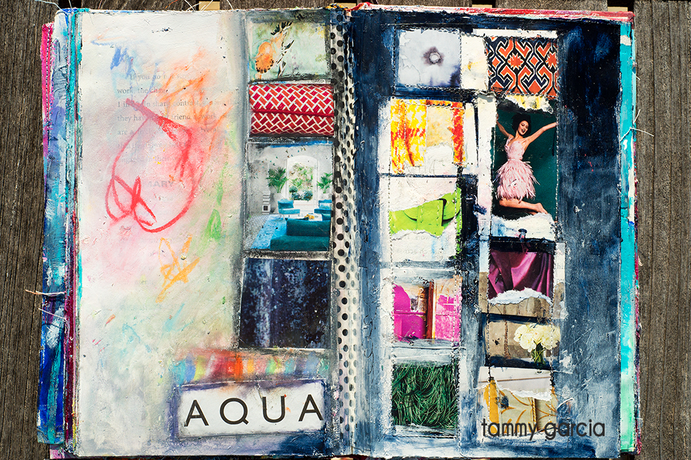 Art journal page, acrylics, collage, artwork by Tammy Garcia.