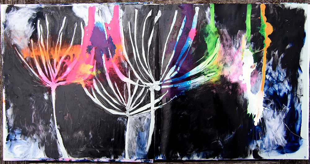 Acrylic and pencil in an altered book, artwork by Tammy garcia.