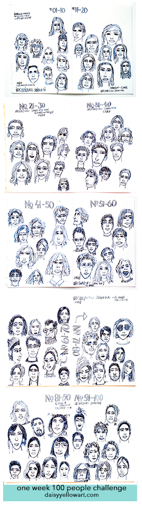 One week 100 people 2019. I drew 20 faces on each 7x10" page of watercolor paper... all drawn from images from the web UPSIDE DOWN to isolate the shapes and not overthink. Drawn w/ Iroshizuku Shin-Kai.