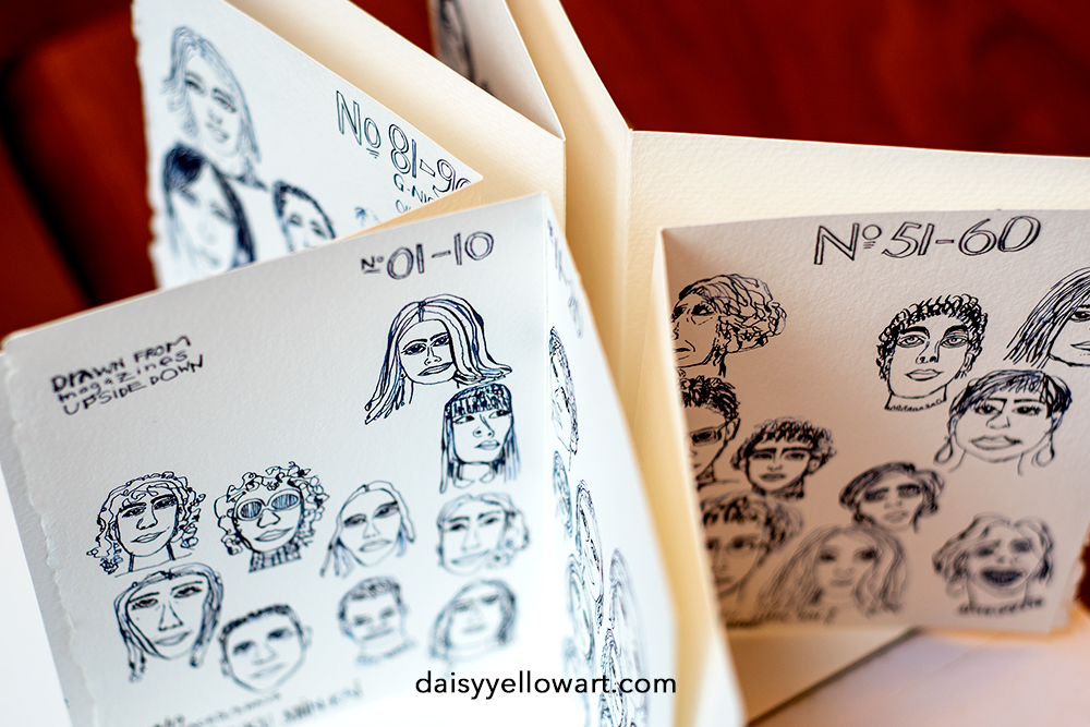 I drew 100 faces on folded sheets of watercolor paper.