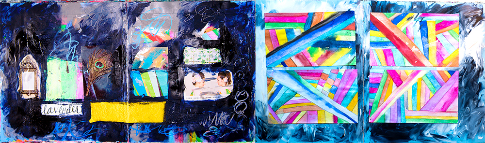 Left: Finished pages. Right: First layer of acrylics and first layer of index cards painted with gouache.