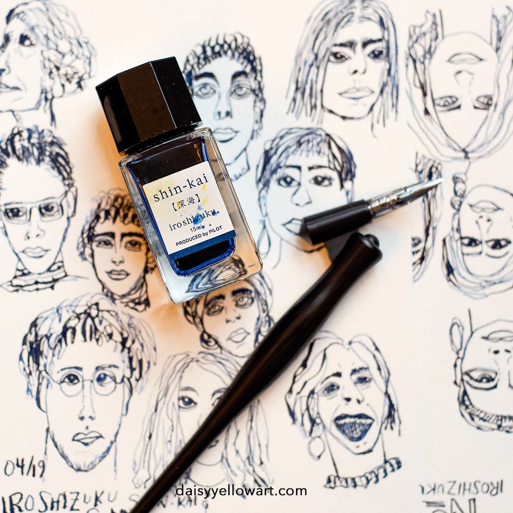 One week 100 people. Drew 20 faces per page. All drawn upside down from reference images w/ Iroshizuku Shin-Kai ink.