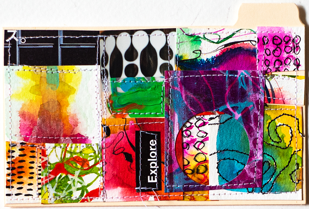 3x5” index card, stitched collage by Tammy Garcia