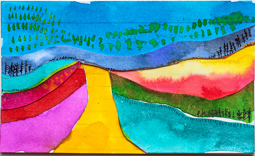 3x5” ink, layered collage on index card by Tammy Garcia