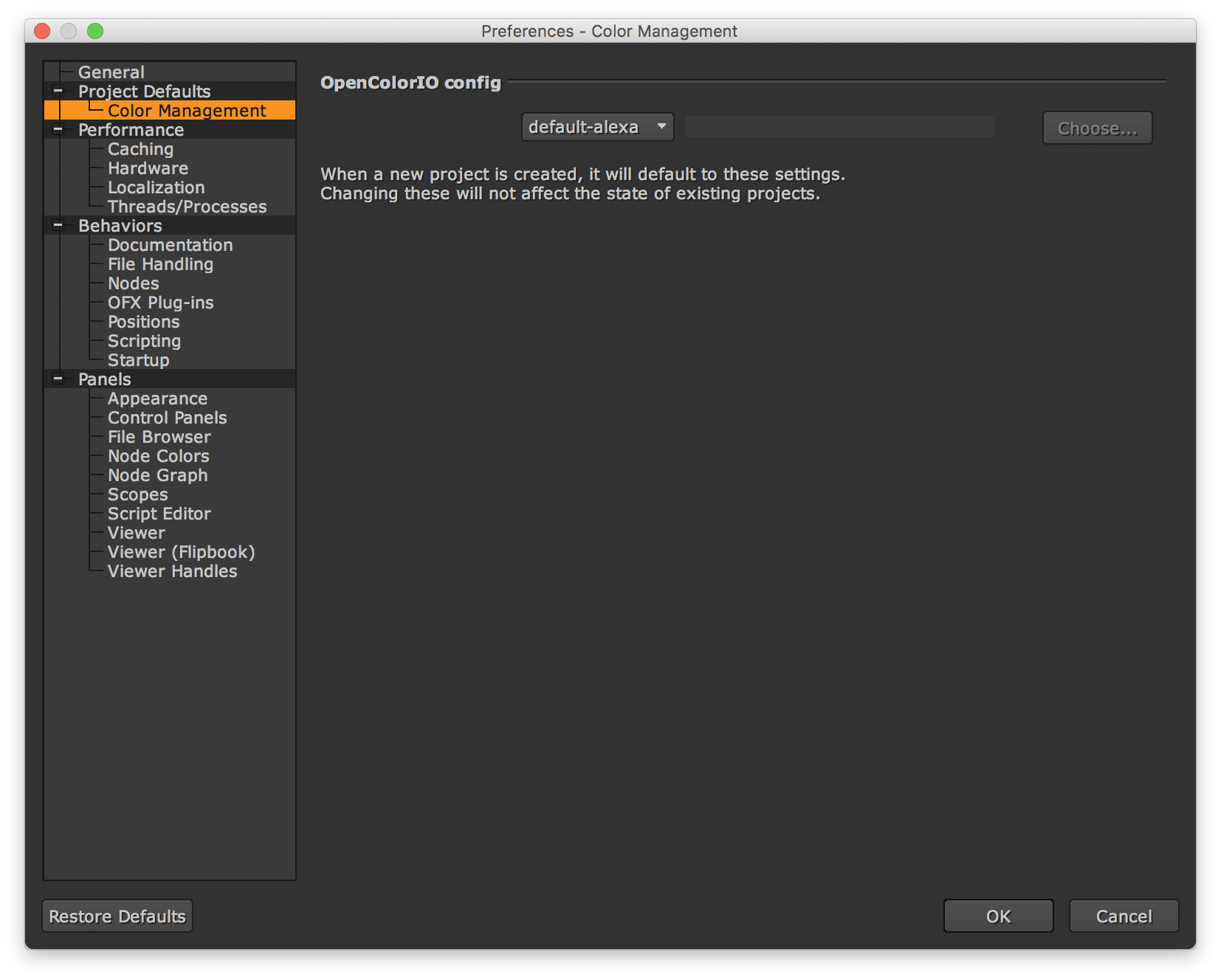 Choosing our custom OCIOConfig in the Nuke application preferences.