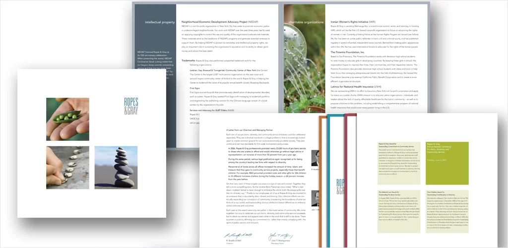 Ropes & Gray, brochure package: Pro Bono, Community Service, and Diversity